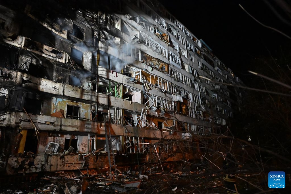 This photo taken on Oct. 14, 2026 shows a residential building after a strike in Kiev, Ukraine. (Photo: Xinhua)