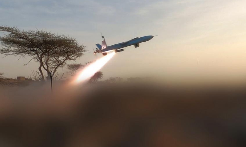 This handout photo provided by Houthi Media Center shows the launch of a drone allegedly toward Mocha in Yemen, on Aug. 9, 2026. (Photo: Xinhua)