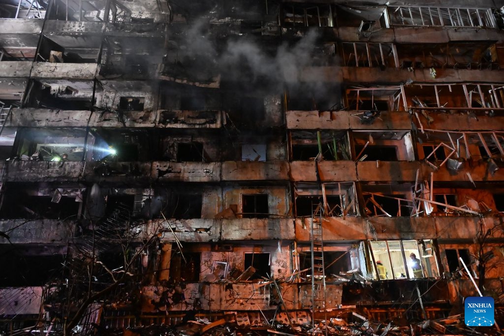 This photo taken on Oct. 14, 2026 shows a residential building after a strike in Kiev, Ukraine. (Photo: Xinhua)