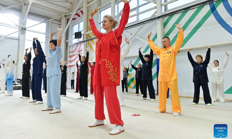 Participants compete during the Health Qigong event at Legends of Kung Fu 2026 International Chinese Martial Arts Festival in Moscow, Russia, on Oct. 17, 2026. (Photo by Alexander Zemlianichenko Jr/Xinhua)