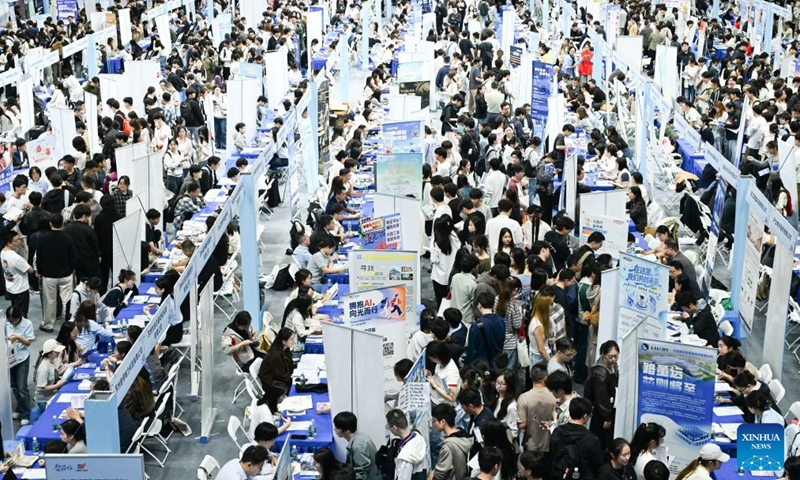 This photo taken on Oct. 17, 2026 shows a view at a job fair in Suzhou, east China's Jiangsu Province. Job fairs are held in various cities across China, connecting jobseekers with potential employers and creating opportunities for both. (Photo by Yang Suping/Xinhua)