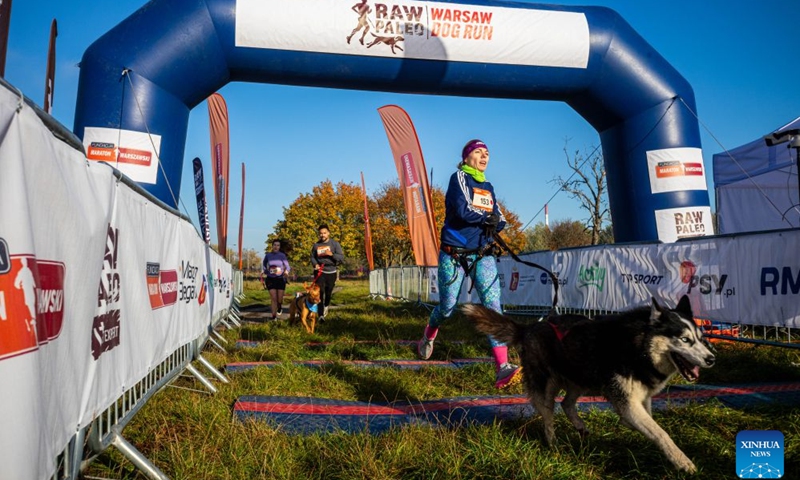 Participants run with their dogs during the RAW PALEO Warsaw Dog Run in Warsaw, Poland, Oct. 17, 2026. Organized by the Warsaw Marathon Foundation, the event featured a roughly 5-kilometer canicross race for human-dog teams and an orienteering walk with dogs. (Photo by Jaap Arriens/Xinhua)