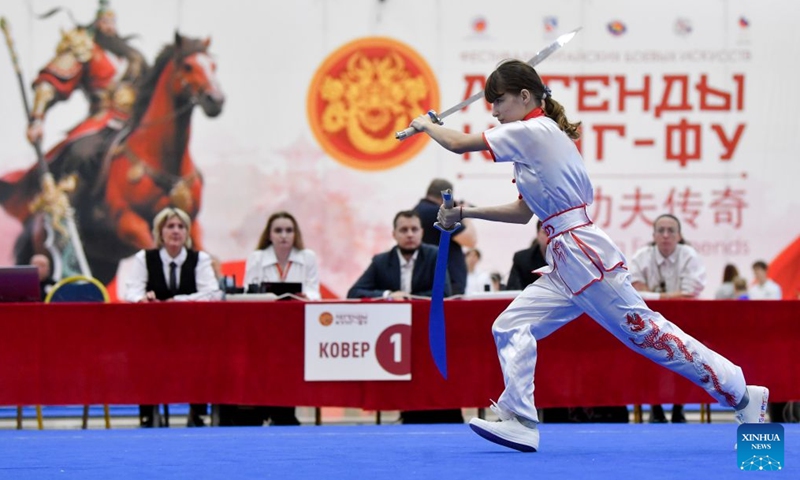 Eleonora Tzitzar competes during the Wushu apparatus event at Legends of Kung Fu 2026 International Chinese Martial Arts Festival in Moscow, Russia, on Oct. 17, 2026. (Photo by Alexander Zemlianichenko Jr/Xinhua)