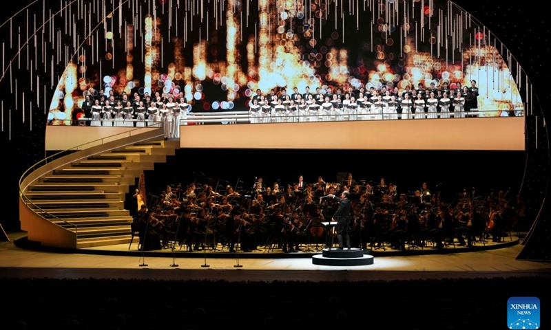 The opening performance of the 25th China Shanghai International Arts Festival and the inaugural concert of the Shanghai Grand Opera House is staged in Shanghai, east China, Oct. 17, 2026. The arts festival kicked off here on Saturday, and will last until Nov. 15. (Xinhua/Wang Xiang)