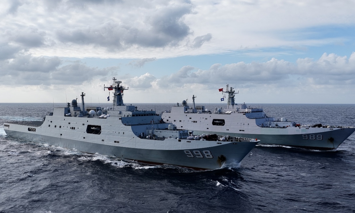 Image of the Chinese People's Liberation Army (PLA) Navy's Type 071 amphibious dock landing ships Kunlunshan (Hull 998) and Changbaishan (Hull 989)  Photo: WeChat account of the PLA Southern Theater Command 