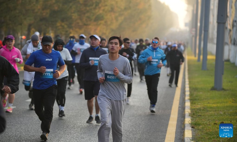 Runners participate in the Bishkek Snow Leopard Run in Bishkek, Kyrgyzstan, Oct. 18, 2026. (Photo: Xinhua)