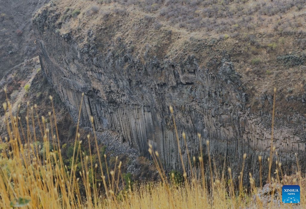 This photo taken on Oct. 25, 2026 shows the scenery of Garni Gorge in Kotayk, Armenia. The Garni Gorge is known for the distinctive basalt columns on the cliff walls along the sides of the gorge. (Photo: Xinhua)