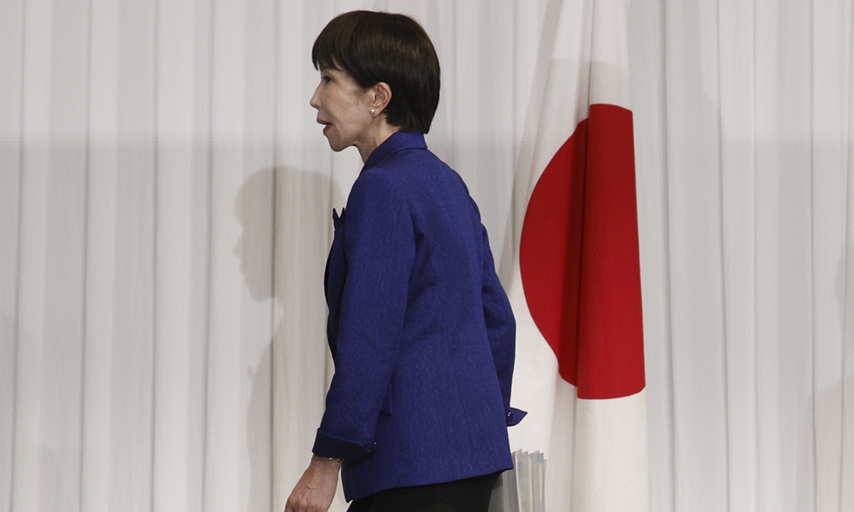 Japan's Prime Minister Sanae Takaichi, leader of the ruling Liberal Democratic Party (LDP), leaves after speaking during a press conference at the LDP headquarters in Tokyo, Japan, on February 9, 2026. Photo: VCG