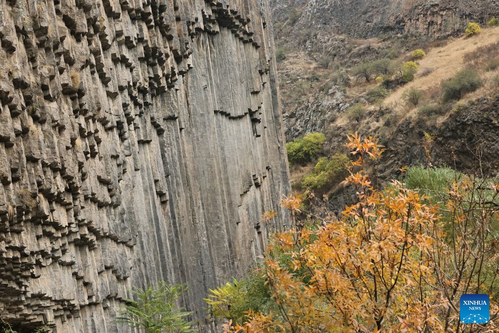 This photo taken on Oct. 25, 2026 shows the scenery of Garni Gorge in Kotayk, Armenia. The Garni Gorge is known for the distinctive basalt columns on the cliff walls along the sides of the gorge. (Photo: Xinhua)