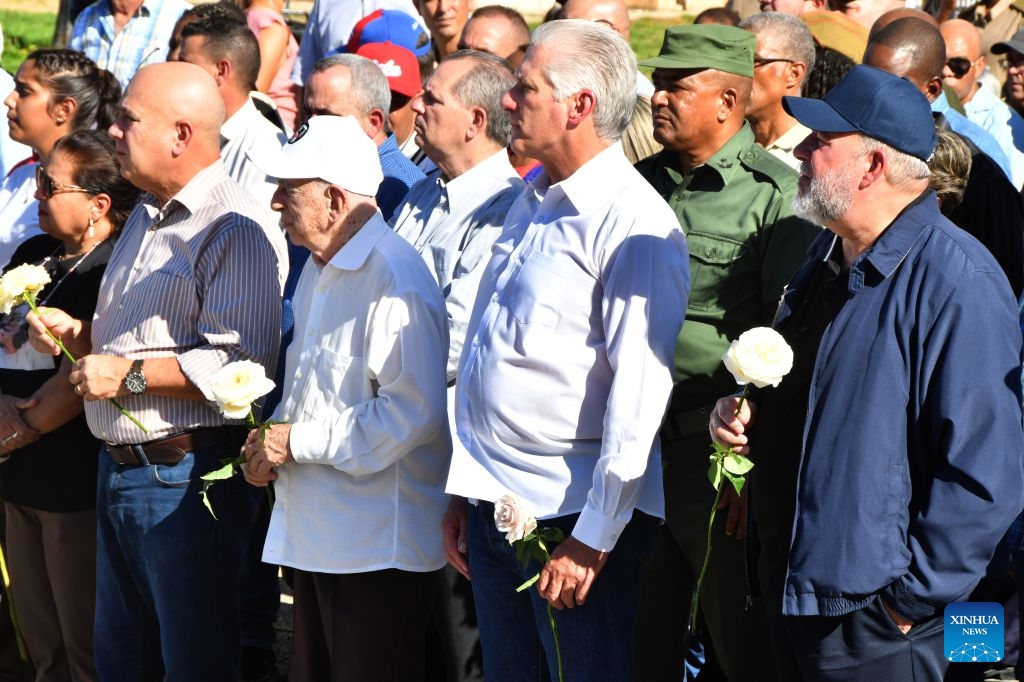 Cuban President Miguel Diaz-Canel (2nd R, front) and Cuban Prime Minister Manuel Marrero (1st R, front) attend a ceremony commemorating Camilo Cienfuegos in Havana, capital of Cuba, on Oct. 28, 2026. Cuba marked the 67th anniversary of the death of Camilo Cienfuegos. Cienfuegos, along with Fidel Castro and Che Guevara, are the three chief commanders of the Cuban revolution. He died in a flight accident at the age of 27. (Photo: Xinhua)