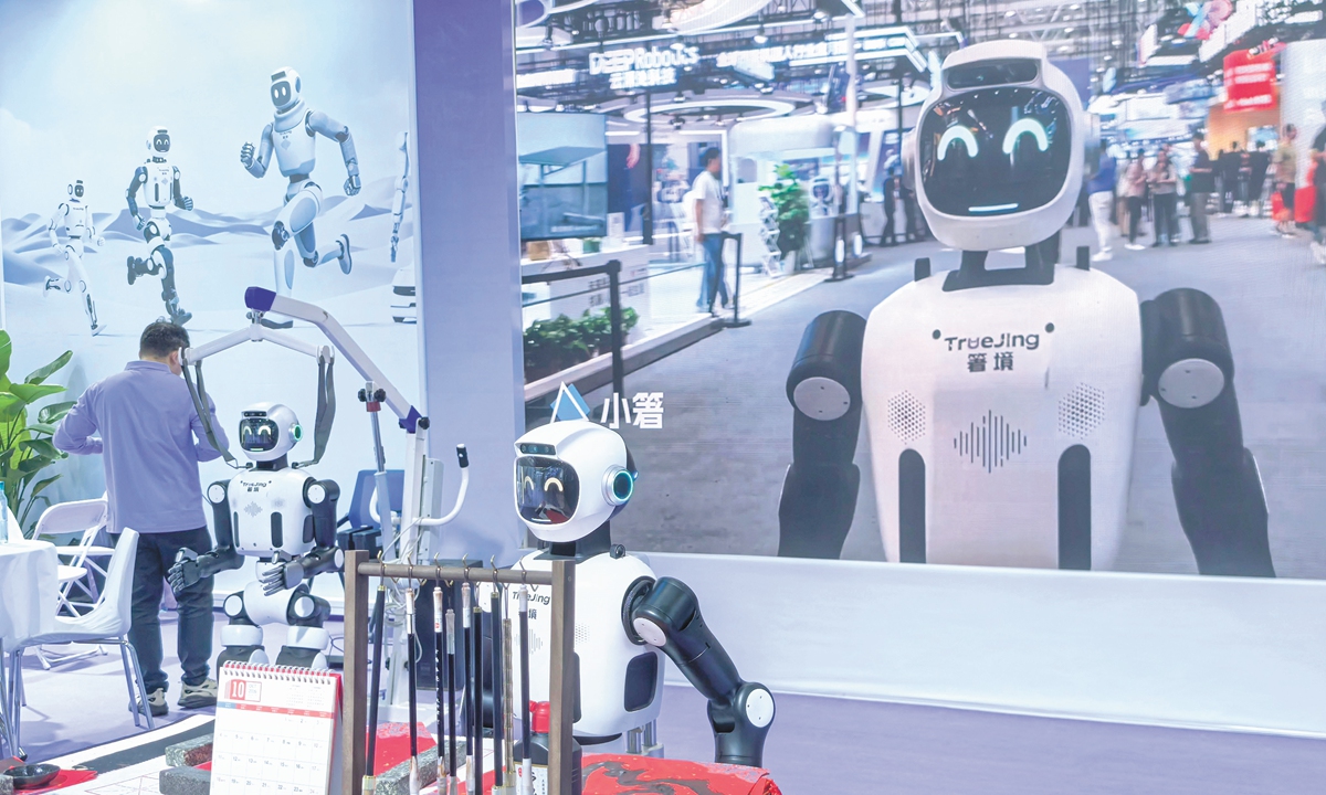 A robot stands on display at the 2026 Physical AI & World Model Conference in Nanjing, East China's Jiangsu Province, on October 20, 2026. The event's theme is 