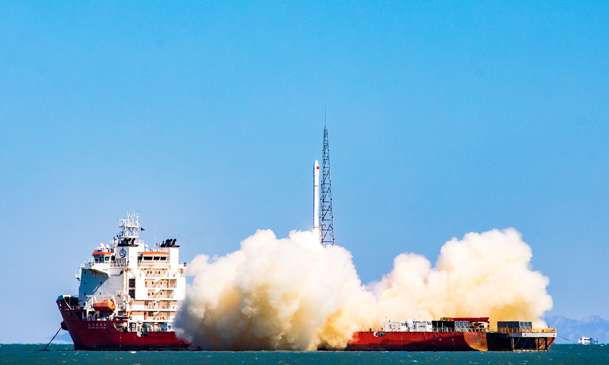 The Ceres-1 Y8 sea-based rocket is launched from waters near Rizhao, East China's Shandong Province on Wednesday, successfully placing the Xiguang Sihao 01 satellite into a low-Earth orbit at an altitude of 541 kilometers. Photo: VCG