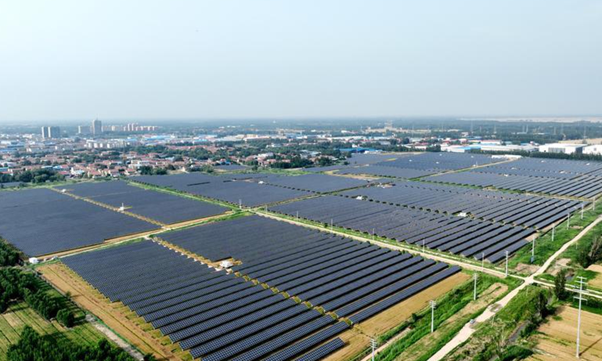 An aerial drone photo taken on June 3, 2026 shows a farming-photovoltaic power complementary project in Huimin County, Binzhou City, East China's Shandong Province. Photo: VCG