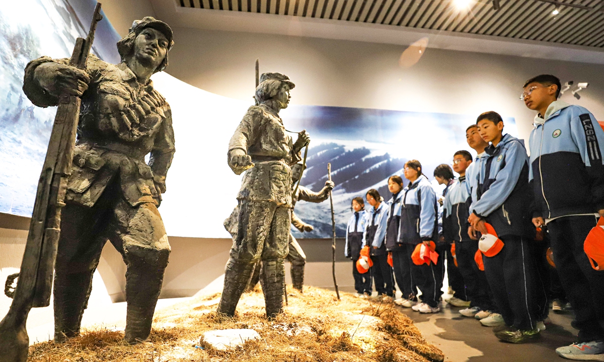 Students from Linze county No.4 Middle School listen to stories of the heroic Long March of the Red Army at a memorial hall in Zhangye, Northwest China's Gansu Province on October 21, 2026. Photo: VCG