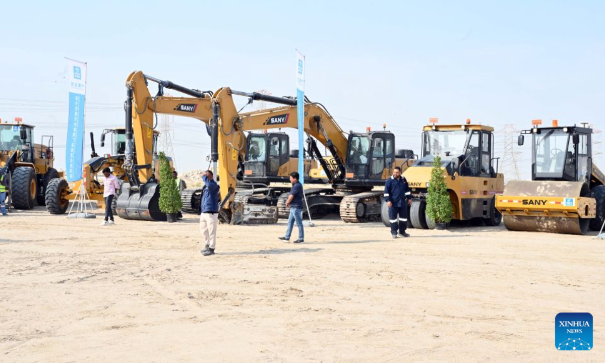 Construction machinery are seen at the groundbreaking ceremony in Jahra Governorate, Kuwait, Oct. 26, 2026. A groundbreaking ceremony was held in Kuwait on Monday for a wastewater treatment plant undertaken by China State Construction Engineering Corporation Ltd., marking another step forward in infrastructure and environmental cooperation between China and Kuwait. (Photo by Asad/Xinhua)