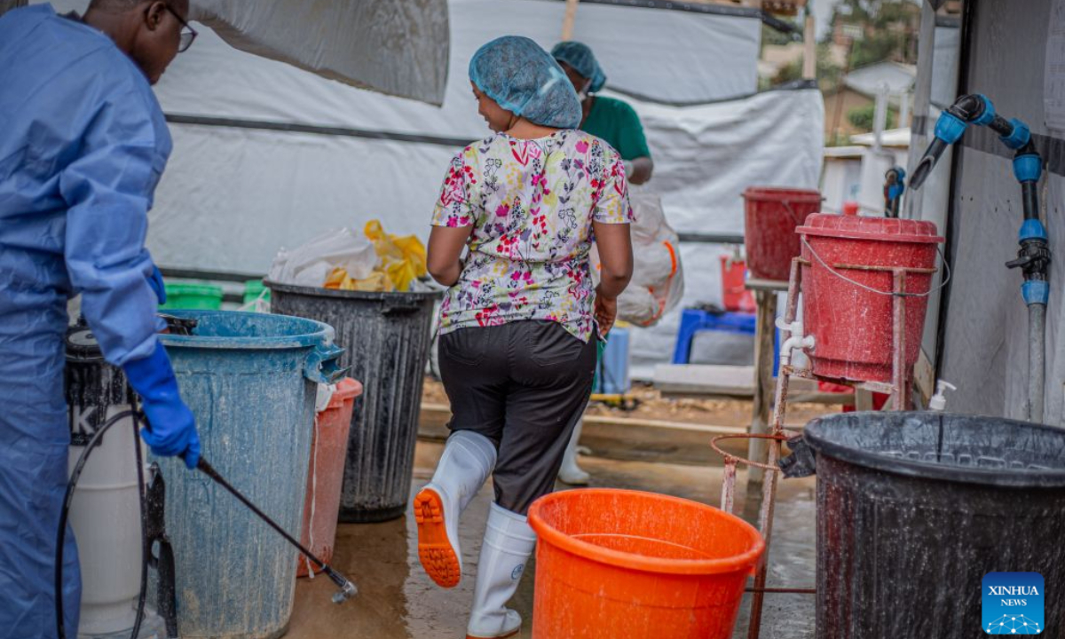Medical workers carry out disinfection work at an Ebola treatment center in Bunia, capital of Ituri Province in the Democratic Republic of the Congo (DRC), on Oct. 18, 2026.

The Africa Centers for Disease Control and Prevention (Africa CDC) has called for greater global solidarity and international support to contain the rapidly expanding Bundibugyo Ebola outbreak. (Xinhua)