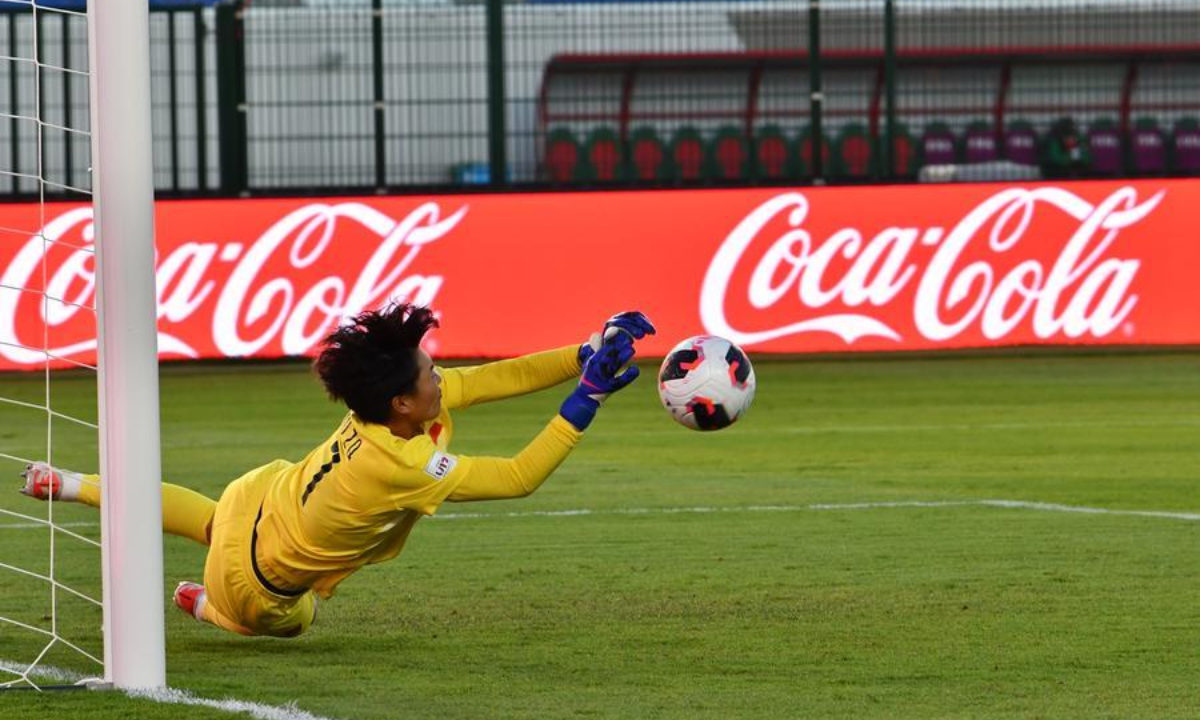 China goalkeeper Niu Ziqi saves France's last penalty during the round of 16 shootout at the FIFA U-17 Women's World Cup, in Rabat, Morocco, on Oct. 29, 2026. (Photo by Aissa/Xinhua)