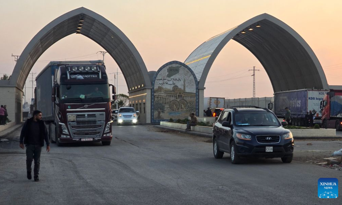 Vehicles and trucks are seen at the Nasib border crossing between Syria and Jordan in Daraa province, southern Syria, Oct. 28, 2026. Syria and Jordan have agreed to establish a joint security committee to investigate recent Jordanian airstrikes on southern Syria, as the Nasib border crossing between the two countries reopened Wednesday following a temporary closure, Syrian state media reported. (Str/Xinhua)