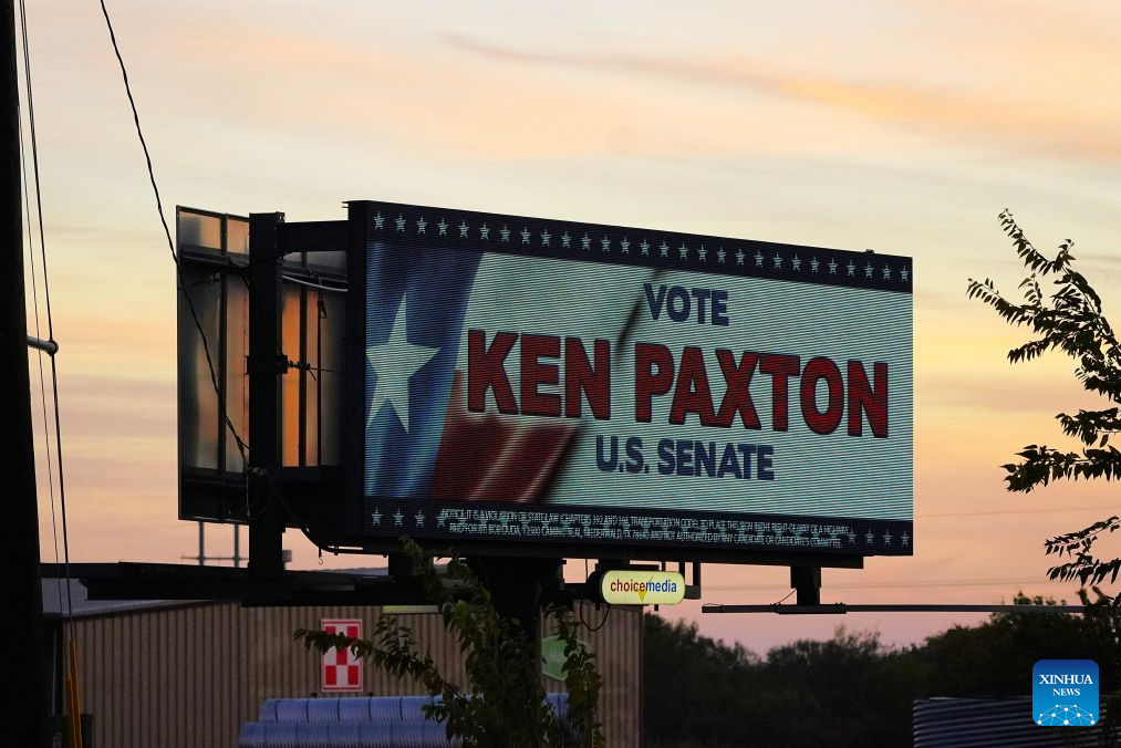 A roadside billboard displays campaign ads for a Republican candidate in Lockhart, Texas, the United States, Oct. 25, 2026. The U.S. midterm elections will be held on November 3. (Xinhua/Wu Xiaoling)
