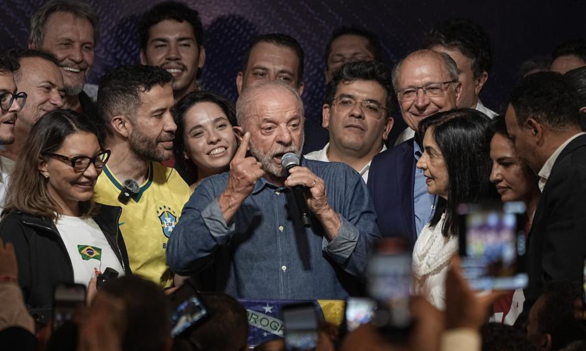 Brazilian incumbent President Luiz Inacio Lula da Silva (C), candidate of the ruling Workers' Party, delivers a speech following his victory in the presidential runoff in Sao Paulo, Brazil, Oct. 25, 2026. (Photo by Paulo Lopes/Xinhua)