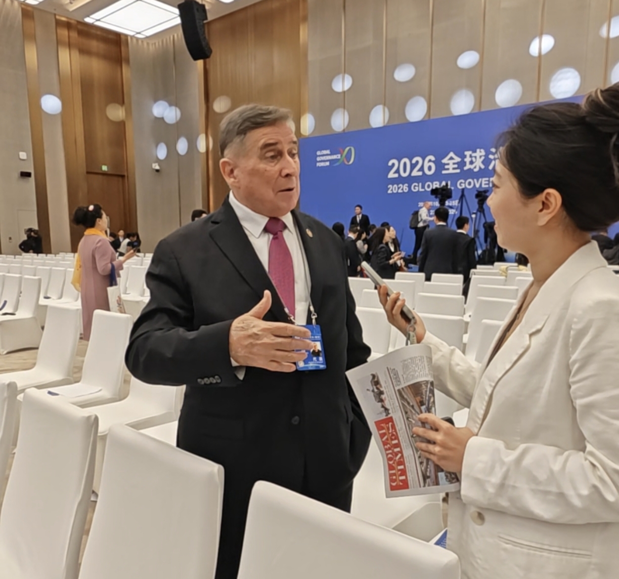 Global Times reporter interviews Jeffrey Greene, chairman of the Sino-American Aviation Heritage Foundation, at the Global Governance Forum in Xiong'an on October 24, 2026. Photo: Hu Jinyang/Global Times