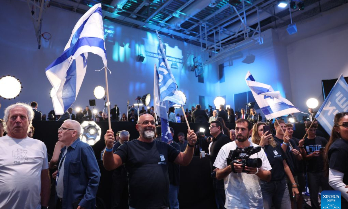 A bloc of parties led by former military chief Gadi Eisenkot won 53 seats in Israel's 120-member parliament, ahead of Prime Minister Benjamin Netanyahu's right-wing bloc with 50 seats, according to an exit poll released Tuesday night by Israel's public broadcaster Kan. Neither bloc secured the 61 seats needed to form an outright majority government. This photo taken on Oct. 27, 2026 shows supporters of Gadi Eisenkot at the centrist Yashar party campaign headquarters in Tel Aviv, Israel. (Xinhua/Zhang Haobo)