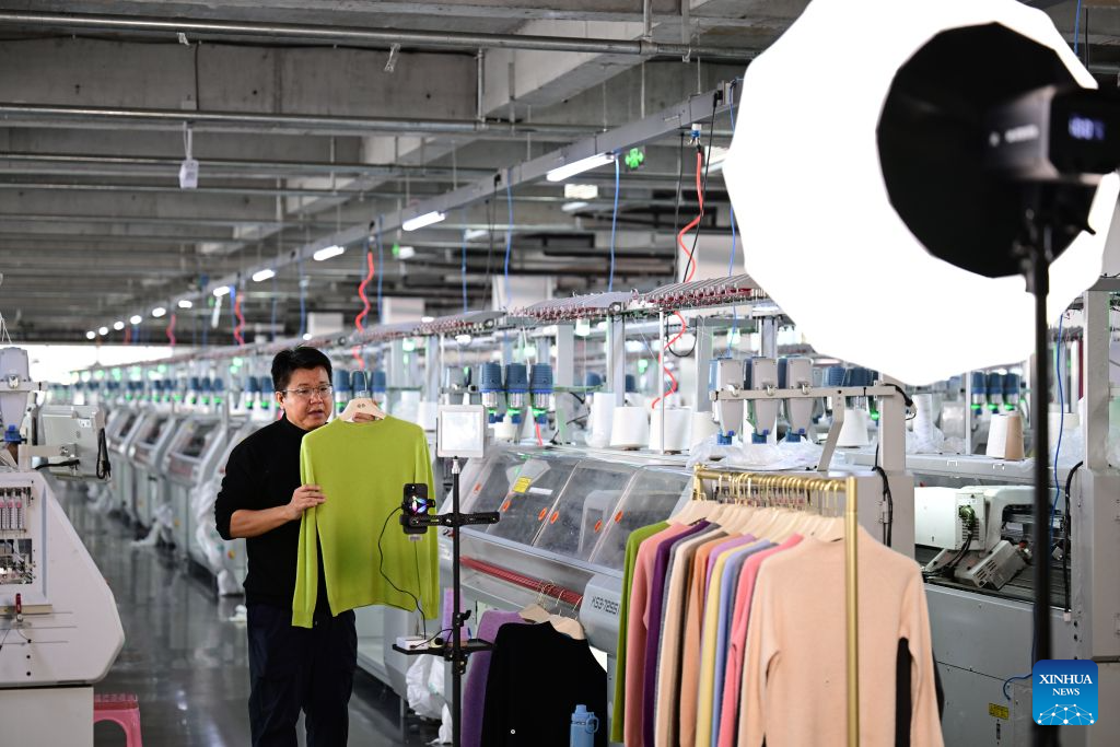 A livestreamer introduces cashmere products during a live-streaming session at a workshop of Hebei Xinhua Cashmere Products Co., Ltd. in Qinghe County, Xingtai City, north China's Hebei Province, Oct. 29, 2026. Qinghe County, dubbed as the cashmere capital of China, is an important cashmere processing and sales hub in China, and its products are exported to over 30 countries and regions. (Photo by Feng Yichao/Xinhua)