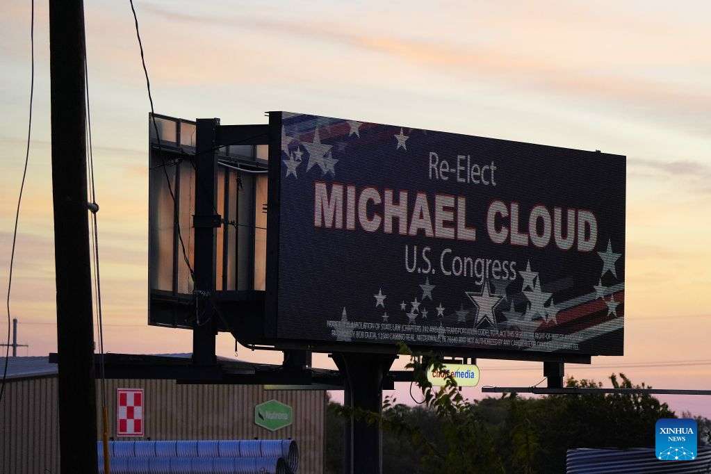 A roadside billboard displays campaign ads for a Republican candidate in Lockhart, Texas, the United States, Oct. 25, 2026. The U.S. midterm elections will be held on November 3. (Xinhua/Wu Xiaoling)