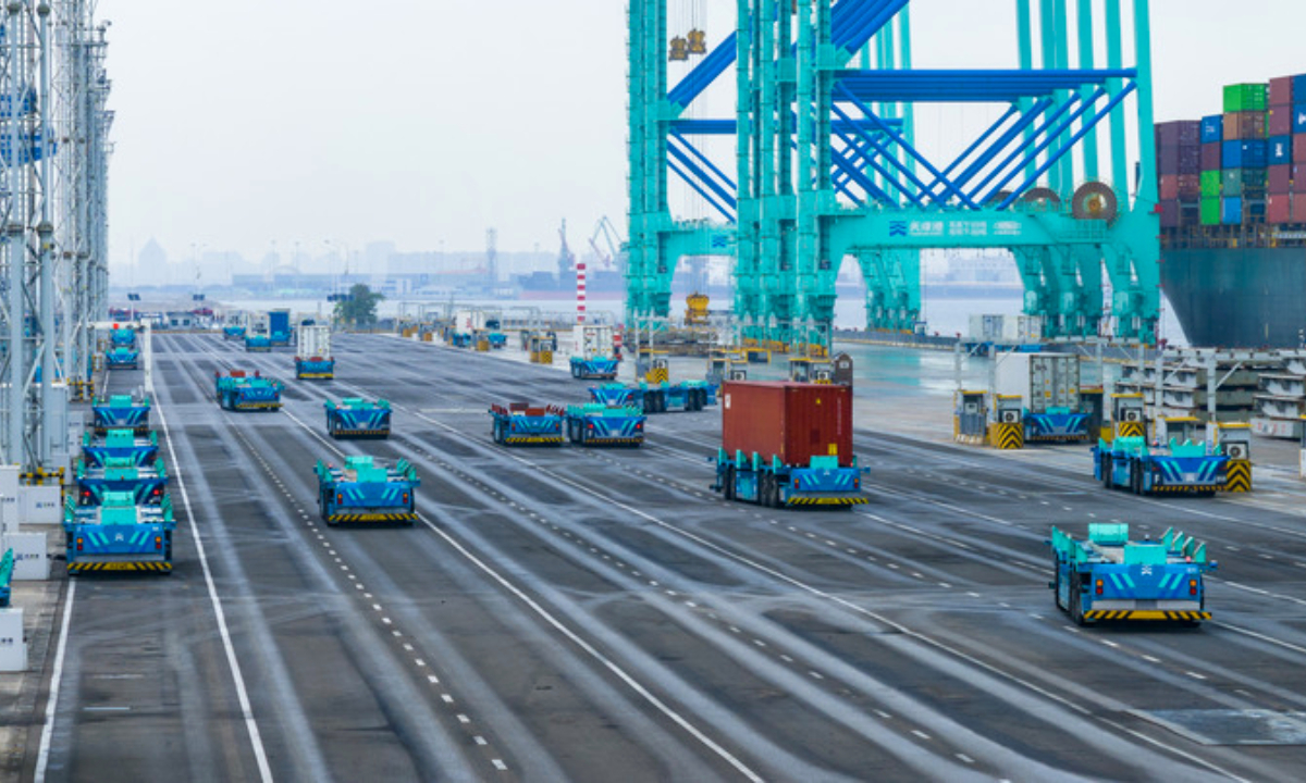 A drone photo taken on June 19, 2025 shows smart transport robots at a container terminal of Tianjin Port in north China's Tianjin. (Xinhua/Zhao Zishuo)