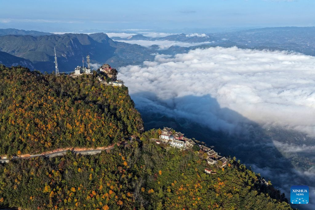 An aerial drone photo taken on Oct. 20, 2026 shows the scenery of Jifeng Mountain in Chengxian County of Longnan, northwest China's Gansu Province. (Photo by Ran Chuangchang/Xinhua)