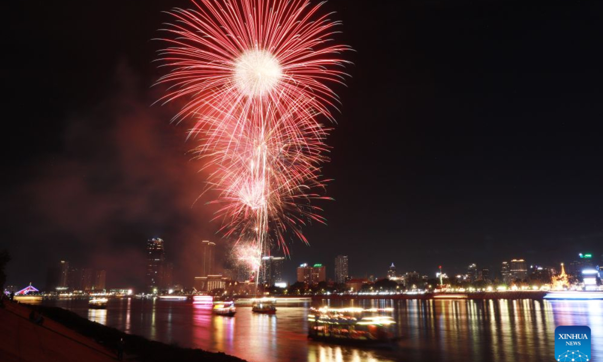 A fireworks display is staged to celebrate the 22nd anniversary of King Norodom Sihamoni's coronation in Phnom Penh, Cambodia, on Oct. 29, 2026. Cambodia on Thursday celebrated the 22nd anniversary of King Norodom Sihamoni's coronation with religious ceremonies, official blessings, and a public fireworks display. (Photo by Sovannara/Xinhua)