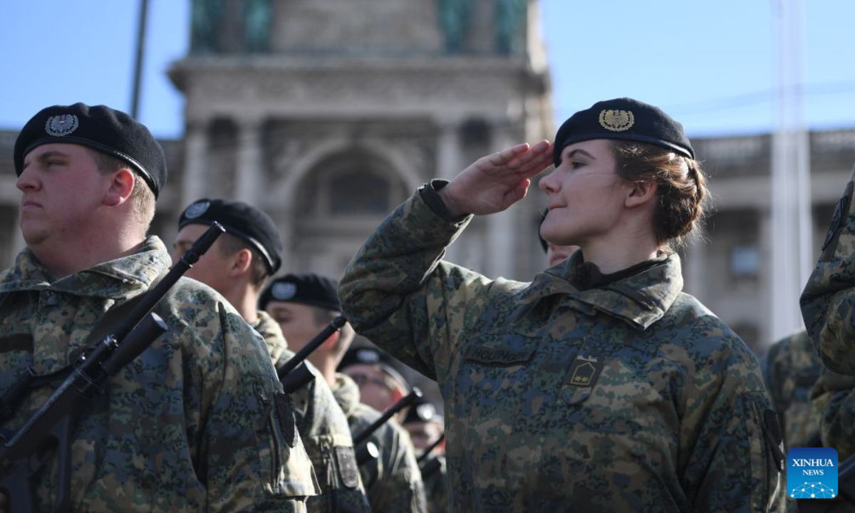 Members of Austrian army attend the National Day celebrations in Vienna, Austria, Oct. 26, 2026. (Xinhua/He Canling)