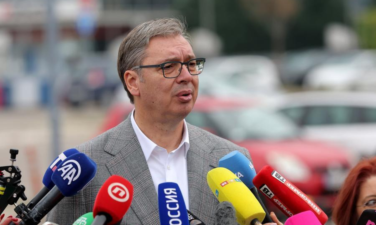 Former Serbian President Aleksandar Vucic speaks after voting for the early parliamentary election at a polling station in Belgrade, Serbia, on Oct. 25, 2026. (Photo by Predrag Milosavljevic/Xinhua)