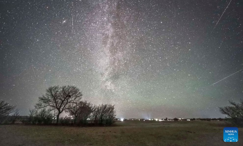 This stack composite photo taken on Oct. 22, 2026 shows the Orionid meteor shower in the sky over Qiqihar City, northeast China's Heilongjiang Province. The Orionid meteor shower, caused by remnants from Halley's comet, peaked on Wednesday and Thursday. Photo: Xinhua