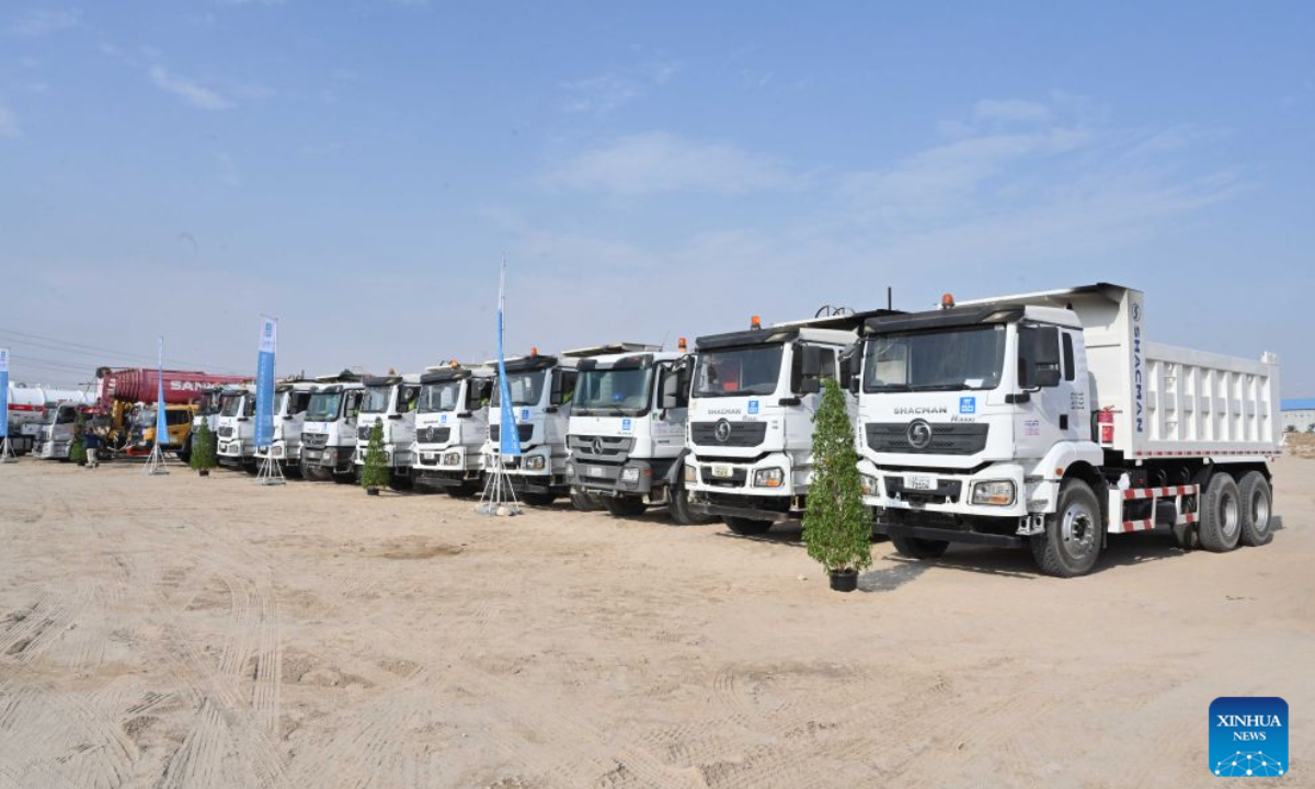 Construction vehicles are seen at the groundbreaking ceremony in Jahra Governorate, Kuwait, Oct. 26, 2026. A groundbreaking ceremony was held in Kuwait on Monday for a wastewater treatment plant undertaken by China State Construction Engineering Corporation Ltd., marking another step forward in infrastructure and environmental cooperation between China and Kuwait. (Photo by Asad/Xinhua)