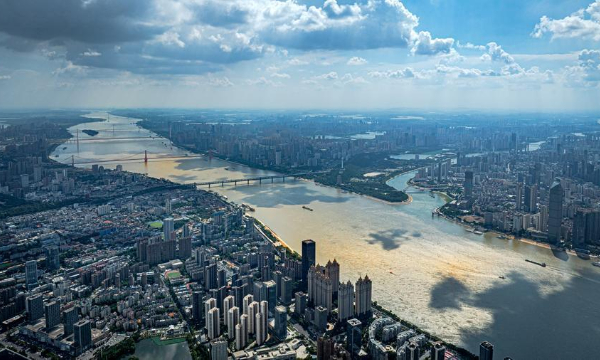 An aerial drone photo taken on July 29, 2025 shows vessels sailing on the Yangtze River in Wuhan, central China's Hubei Province. (Xinhua/Xiao Yijiu)