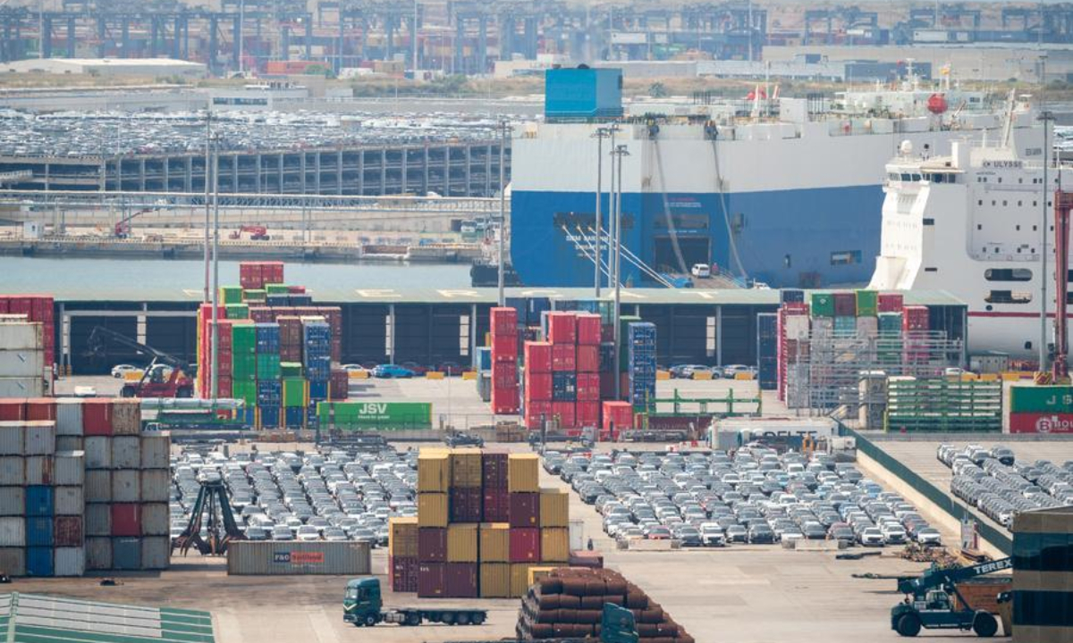 This photo taken on June 2, 2026, shows the view of the Port of Barcelona where cargo ships arrive with fleets of electric cars from China, in Barcelona, Spain. (Photo by Joan Gosa/Xinhua)
