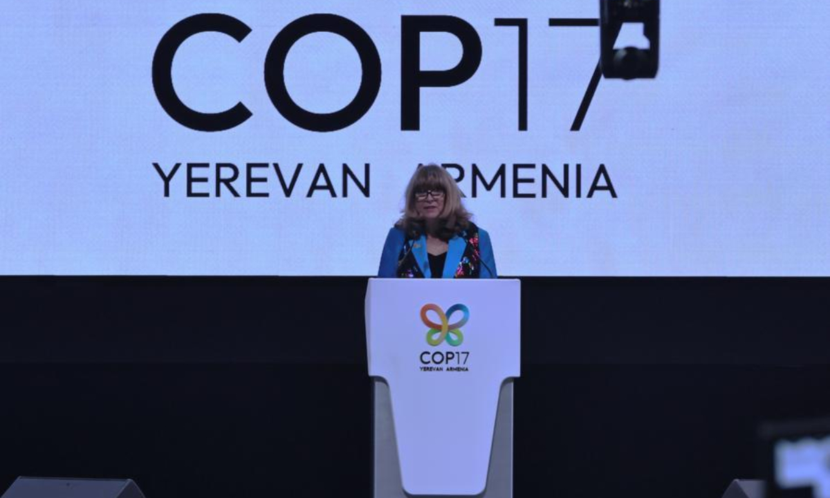 Astrid Schomaker, executive secretary of the Convention on Biological Diversity, speaks at the opening ceremony of the 17th meeting of the Conference of the Parties to the Convention on Biological Diversity (COP17) in Yerevan, Armenia, Oct. 18, 2026. (Xinhua/Chen Junfeng)
