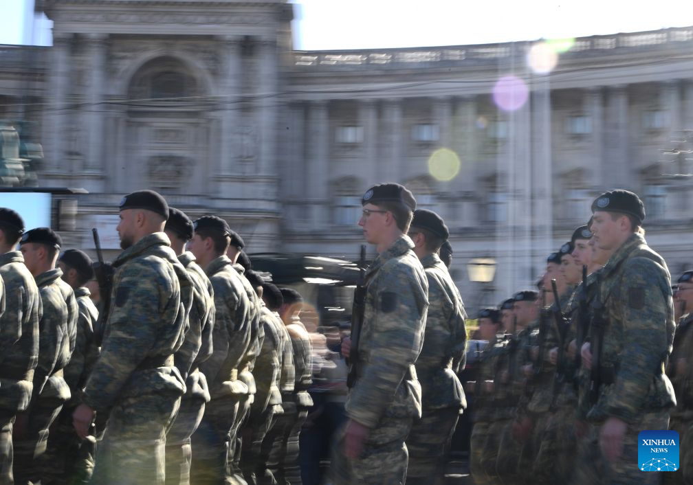 Austrian army recruits attend the National Day celebrations in Vienna, Austria, Oct. 26, 2026. (Xinhua/He Canling)