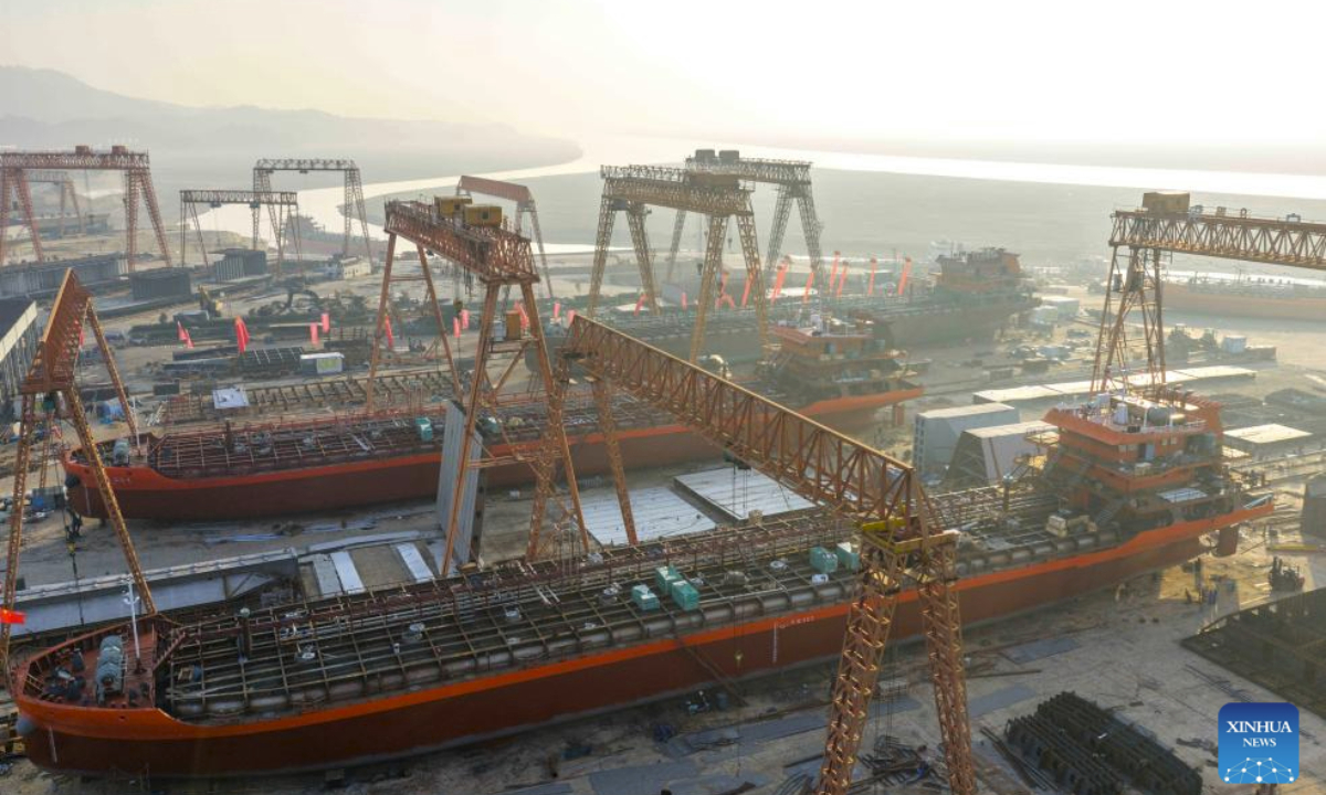 An aerial drone photo taken on Jan. 3, 2026 shows a shipbuilding site of Duchang Shipyard Co., Ltd. in Jiujiang, east China's Jiangxi Province. Photo: Xinhua