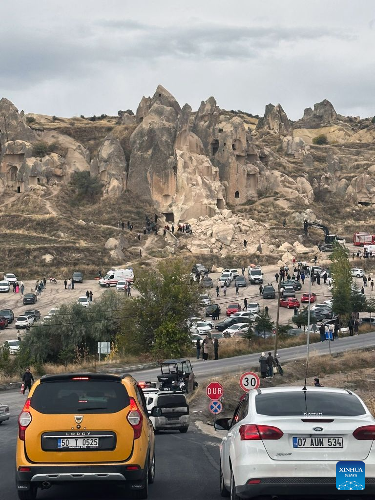 Rescuers work at the site of the collapse of a fairy chimney in central Türkiye's tourist site Cappadocia, Türkiye, Oct. 29, 2026. The death toll from the collapse of a fairy chimney on Thursday rose to three, Nevsehir Governor Huseyin Kok told public broadcaster TRT. The collapse, likely triggered by recent heavy rainfall, occurred near the entrance to the Goreme Open-Air Museum on Türkiye's Republic Day holiday, when the site was expected to attract large crowds of visitors, Kok said. (Mustafa Kaya/Handout via Xinhua)