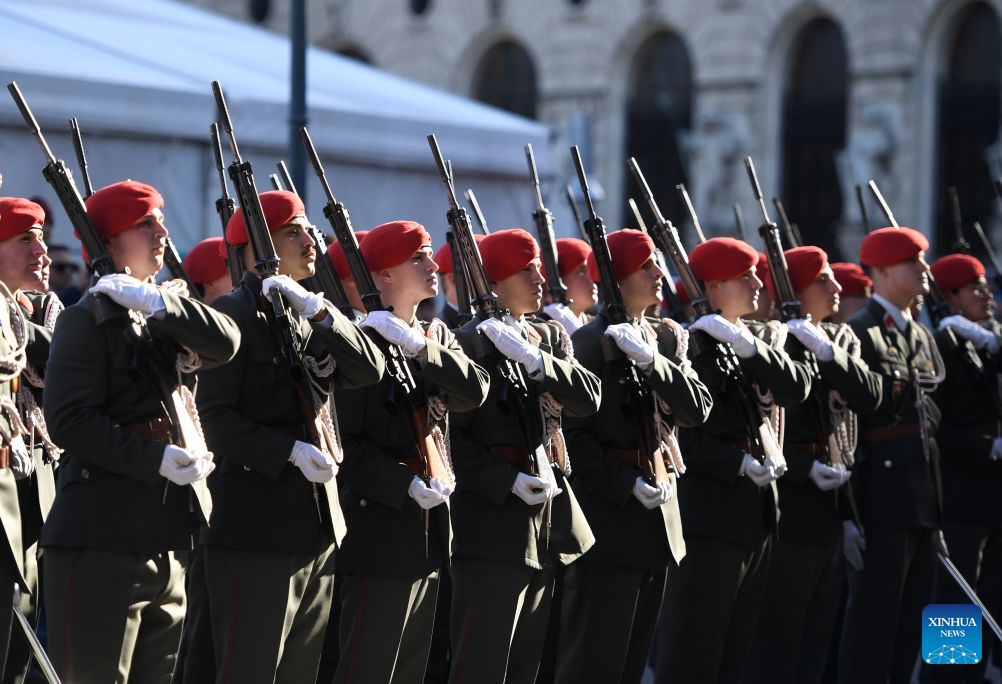 Members of honor guard attend the National Day celebrations in Vienna, Austria, Oct. 26, 2026. (Xinhua/He Canling)