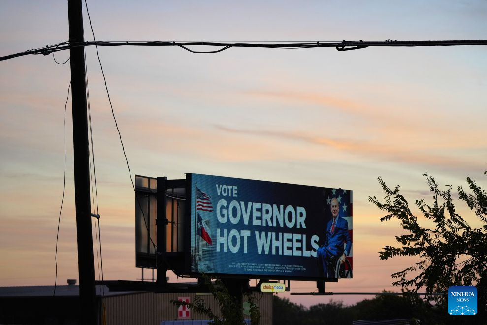 A roadside billboard displays campaign ads for a Republican candidate in Lockhart, Texas, the United States, Oct. 25, 2026. The U.S. midterm elections will be held on November 3. (Xinhua/Wu Xiaoling)