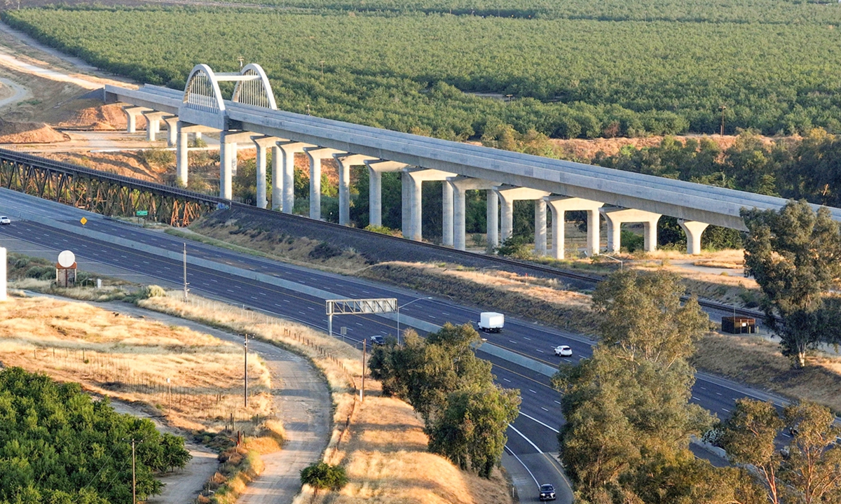 A drone view of the California High-Speed Rail bridge in Fresno, California, US, on June 8, 2025. Photo: IC