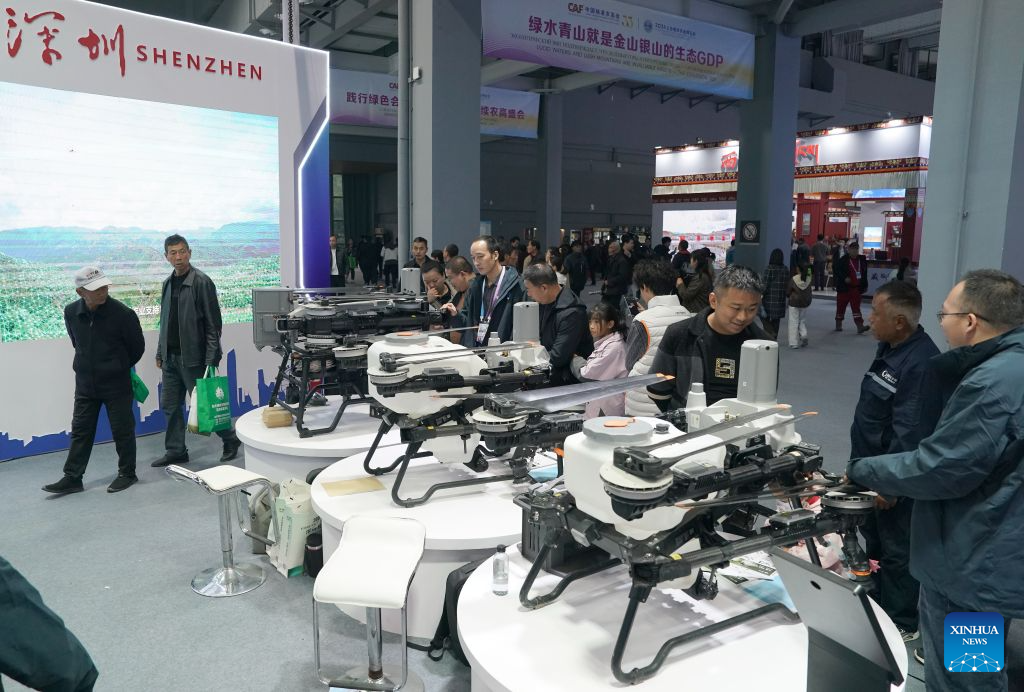 Visitors view agricultural drones at the 33rd China Yangling Agricultural Hi-tech Fair in Yangling, northwest China's Shaanxi Province, Oct. 25, 2026. Under the theme of A New Future of Agriculture with New Quality Productive Forces, the 33rd China Yangling Agricultural Hi-tech Fair opened in Yangling on Sunday, alongside the 2026 Shanghai Cooperation Organization (SCO) Agricultural Expo.

Covering a total exhibition area of 140,000 square meters, this year's fair features nine exhibition zones showcasing agricultural high-tech achievements, international agricultural cooperation, Shaanxi's modern agriculture and the promotion of practical agricultural technologies, among other areas. The fair runs until Oct. 29. (Xinhua/Shao Rui)