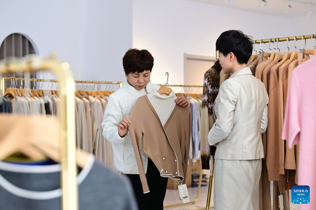 A woman selects a cashmere sweater at a store in Qinghe County, Xingtai City, north China's Hebei Province, Oct. 29, 2026. Qinghe County, dubbed as the cashmere capital of China, is an important cashmere processing and sales hub in China, and its products are exported to over 30 countries and regions. (Photo by Feng Yichao/Xinhua)