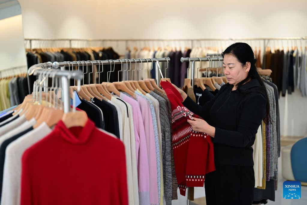 A woman selects a cashmere sweater at a store in Qinghe County, Xingtai City, north China's Hebei Province, Oct. 29, 2026. Qinghe County, dubbed as the cashmere capital of China, is an important cashmere processing and sales hub in China, and its products are exported to over 30 countries and regions. (Photo by Feng Yichao/Xinhua)