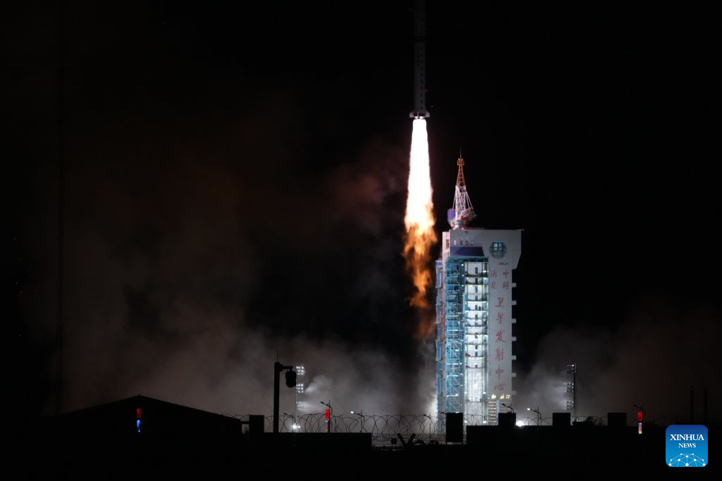 A Long March-4B carrier rocket carrying two groups of remote sensing satellites blasts off from the Jiuquan Satellite Launch Center in northwest China, Oct. 24, 2026. The satellites 07-09 of the Yaogan-53 group and the satellites 19-21 of the Yaogan-56 group were launched at 3:25 a.m. (Beijing Time) aboard a Long March-4B carrier rocket, and they entered the preset orbits successfully. (Photo by Wang Jiangbo/Xinhua)
