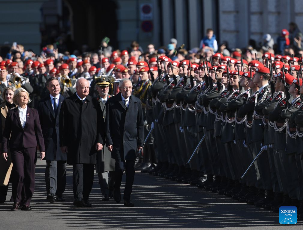 Austrian President Alexander Van der Bellen (1st R, front) and Chancellor Christian Stocker (2nd R, front) attend the National Day celebrations in Vienna, Austria, Oct. 26, 2026. (Xinhua/He Canling)