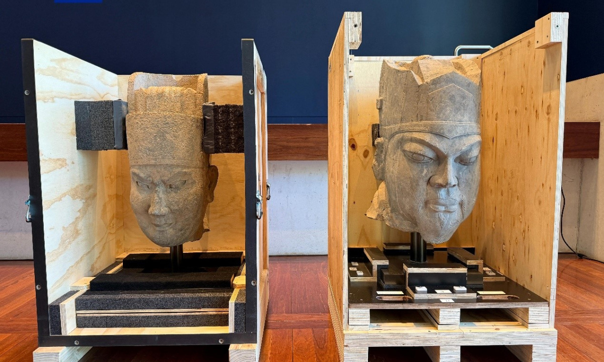 The two Northern Song dynasty (960-1127) statue heads that Australia returned to China. Photo: CCTV